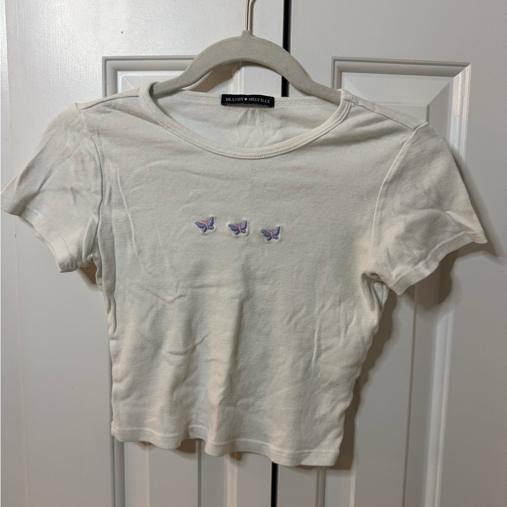 Brandy Melville White Tee with Purple Butterfly Design